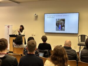 Roxana Daneshjou speaking to an audience at the Collaboration and Careers Forum